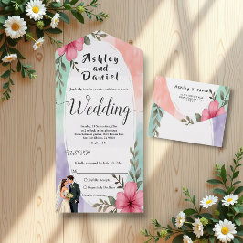 Aquarell Pink Blume Couple Boho Sommerhochzeit All In One Einladung