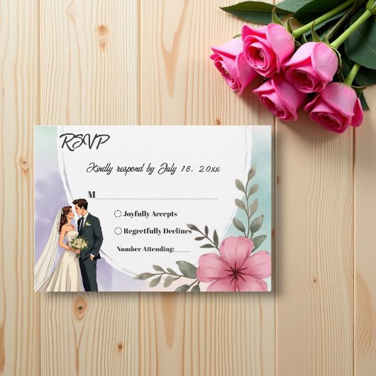 Aquarell Pink Blume Couple Boho Sommerhochzeit RSVP Karte
