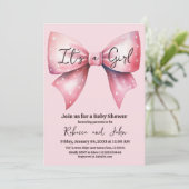 Aquarell Pink Bow Es ist eine Girl Baby Dusche Einladung (Stehend Vorderseite)