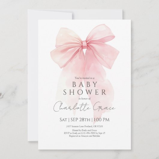 Aquarell Pink Bow Kinderdusche Einladung (Vorderseite)
