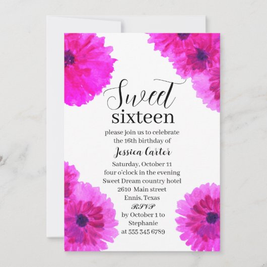 Aquarell Pink Dahlia Daisy Sweet 16 16 Einladung (Vorderseite)
