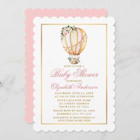 Aquarell Pink Floral Ballon Baby Dusche Gold Einladung (Vorne/Hinten)