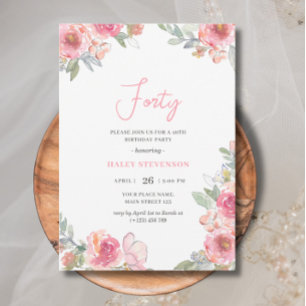 Aquarell Pink Floral Forty Boho Chic Geburtstag Einladung