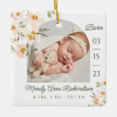 Aquarell Pink Florals Baby Birth Stats Foto Keramikornament (Vorderseite)
