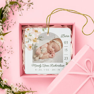 Aquarell Pink Florals Baby Birth Stats Foto Keramikornament
