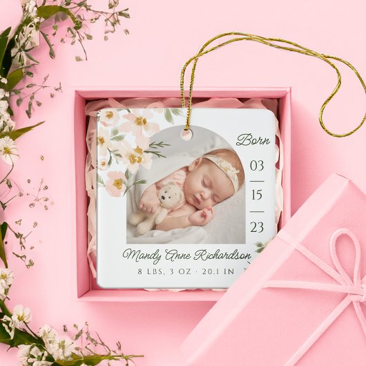 Aquarell Pink Florals Baby Birth Stats Foto Keramikornament