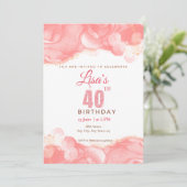 Aquarell Pink Glitzer 40. Geburtstag Einladung (Stehend Vorderseite)