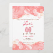Aquarell Pink Glitzer 40. Geburtstag Einladung (Vorne/Hinten)