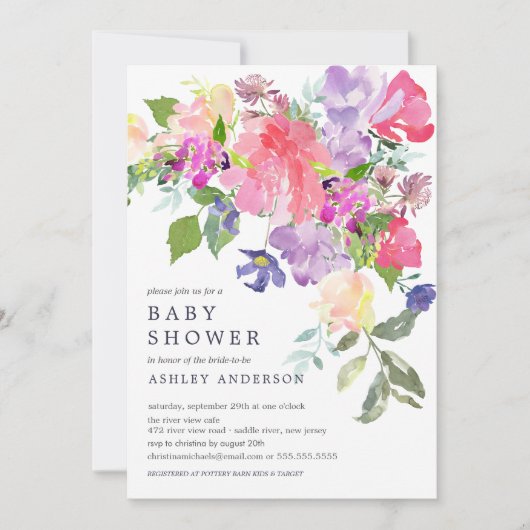 Aquarell Pink Lila Bläserndusche Einladung (Vorderseite)