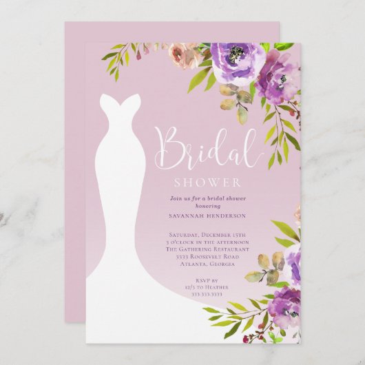 Aquarell Pink Lila Blumenbraun Gänsedusche Einladung (Vorne/Hinten)