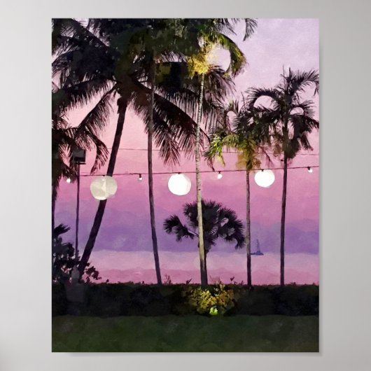Aquarell Pink Palm Tropical Beach Sonnenuntergang Poster (Vorne)