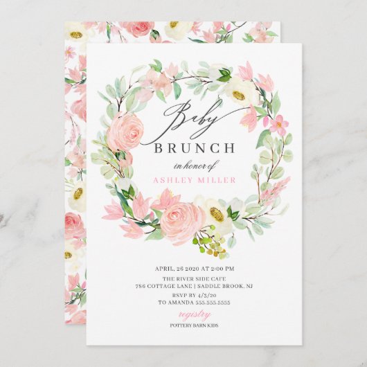 Aquarell Pink Peonies Bloral Baby Dusche Brunch Einladung (Vorne/Hinten)