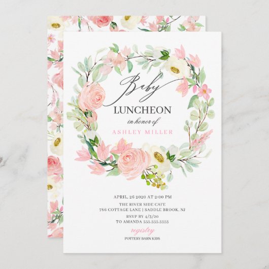 Aquarell Pink Peonies Floral Baby Luncheon Einladung (Vorne/Hinten)