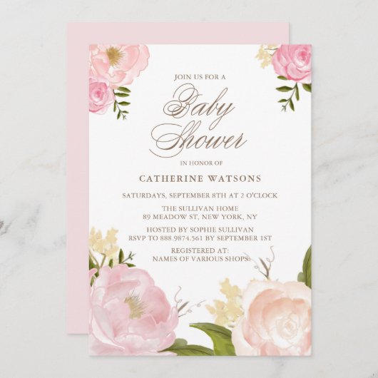 Aquarell Pink Peonies Kinderdusche Einladung (Vorne/Hinten)