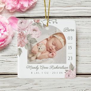 Aquarell Pink Peony Floral Baby Birth Stat Foto Keramikornament