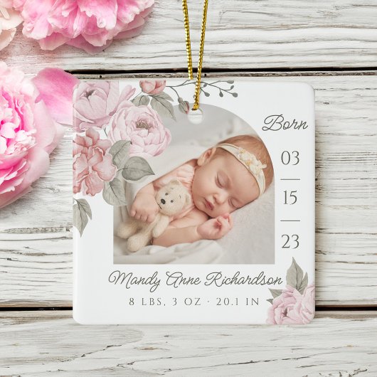 Aquarell Pink Peony Floral Baby Birth Stat Foto Keramikornament