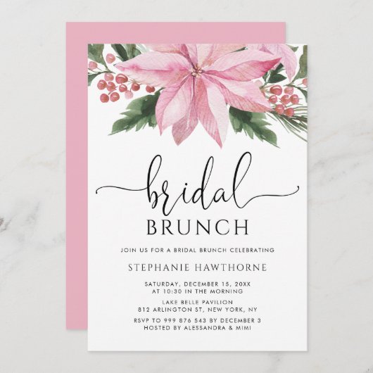 Aquarell Pink Poinsettia Winter Bridal Brunch Einladung (Vorne/Hinten)