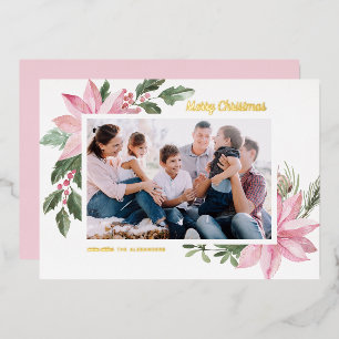 Aquarell Pink Poinsettias Frohe Weihnachten Foto Folien Feiertagskarte