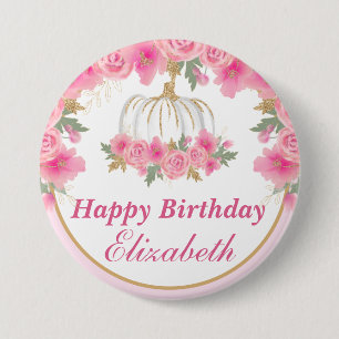 Aquarell Pink Pumpkin Gold Happy Birthday Button