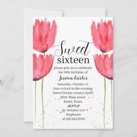 Aquarell Pink tulips Floral Sweet 16 Sechzehn Einladung (Vorderseite)