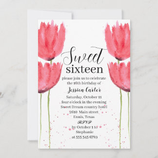 Aquarell Pink tulips Floral Sweet 16 Sechzehn Einladung