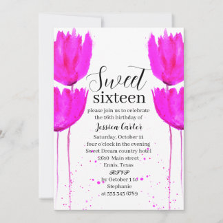 Aquarell Pink tulips Floral Sweet 16 Sechzehn Einladung