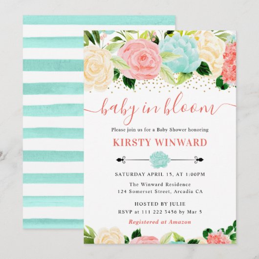 Aquarell Pink und Minze Blume Kinderdusche Einladung (Vorne/Hinten)