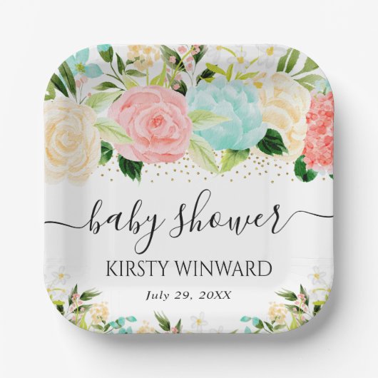 Aquarell Pink und Minze Blume Kinderdusche Pappteller (Vorderseite)