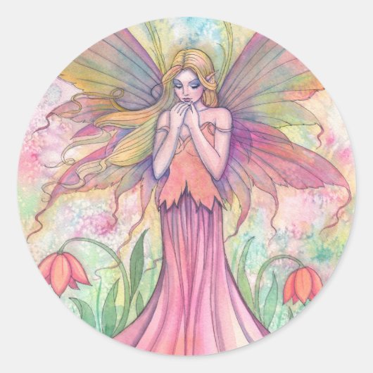 Aquarell PInk Wildblume Fairy Fantasy Kunst Runder Aufkleber (Vorderseite)