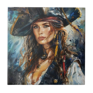Aquarell-Pirat-Frauenporträt Fliese