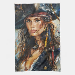 Aquarell-Pirat-Frauenporträt Geschirrtuch