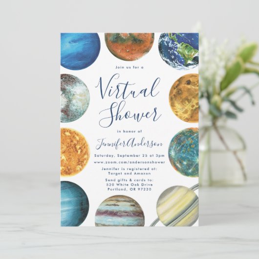 Aquarell Planets Virtual Baby Dusche Einladung (Stehend Vorderseite)