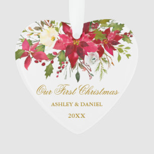 Aquarell-Poinsettia-Blumenerstes Weihnachtsgold Ornament