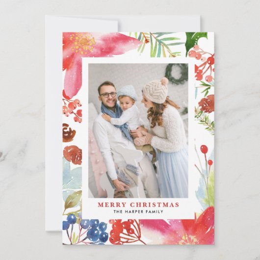 Aquarell Poinsettia Blumenrahmen Foto Weihnachten (Vorderseite)