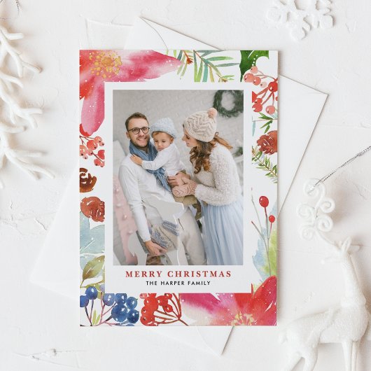 Aquarell Poinsettia Blumenrahmen Foto Weihnachten