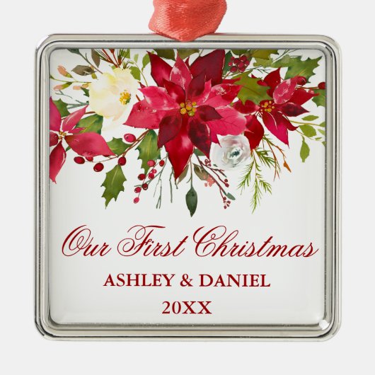 Aquarell Poinsettia Florenz Erster Weihnachtsanfan Ornament Aus Metall (Vorne)