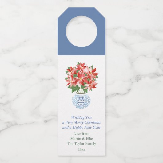 Aquarell Poinsettia Rotes Grün Feiertage Flaschenanhänger (Vorderseite)