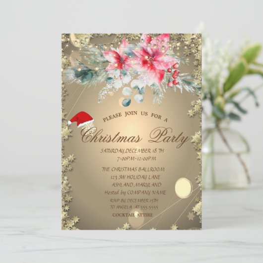 Aquarell Poinsettia, Stars Weihnachtsunternehmen Einladung (Stehend Vorderseite)