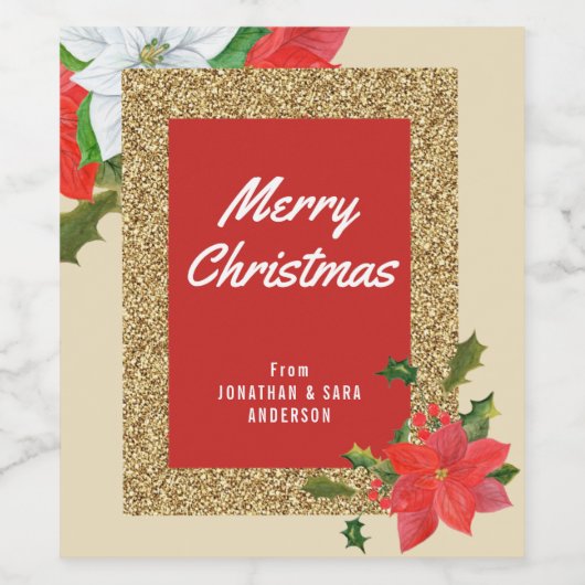 Aquarell Poinsettias Imitate Glitzer Weihnachten Weinetikett (Einzelnes Label)