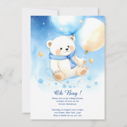 Aquarell Polar Bear Boy Kinderdusche Einladung (Vorderseite)