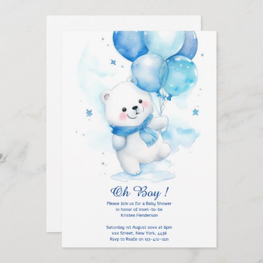 Aquarell Polar Bear Boy Kinderdusche Einladung (Vorne/Hinten)