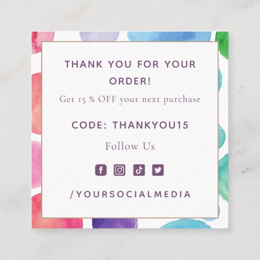 Aquarell Polka Dot Farbenfroh Vielen Dank für Ihr Quadratische Visitenkarte (Rückseite)