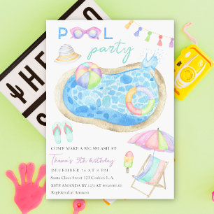 Aquarell-Poolparty-Geburtstagseinladung Einladung