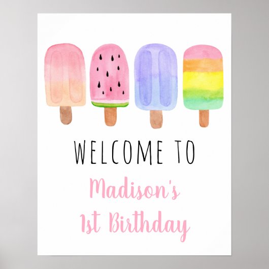 Aquarell Popsim Pink Girl Geburtstag Willkommen Poster (Vorne)