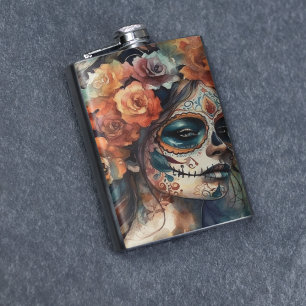 Aquarell-Porträt der Catrina zum Día de los Muerto Flachmann