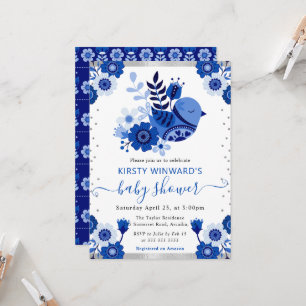Aquarell Porzellan Blumen Vogel Babyparty Einladung