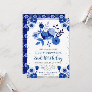 Aquarell-Porzellan-Blumen-Vogel-Geburtstag Einladung