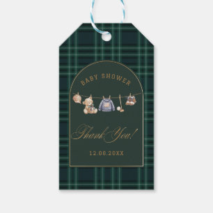 Aquarell-preppy-karierter Teddybär-Baby-Party Geschenkanhänger