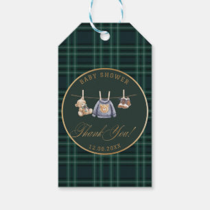 Aquarell-preppy-karierter Teddybär-Baby-Party Geschenkanhänger