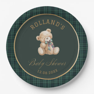 Aquarell-preppy-karierter Teddybär-Baby-Party Pappteller